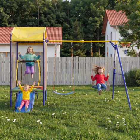 Ensemble de jeu extérieur, trampoline + balançoire + toboggan + panier basket + filet sécurité + cadre fer robuste, pour jardin