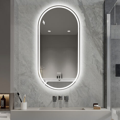 Miroir mural ovale sans cadre 60x120 cm salle de bain, tactile, anti-buée, design intelligent moderne, verre et métal, argenté (1/5)