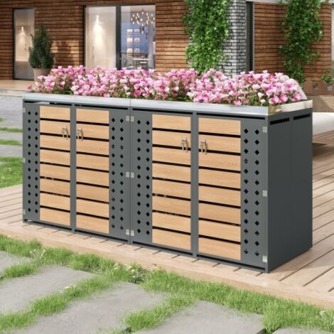 Cache-poubelle extérieur verrouillable 4 portes, bac plantation intégré + meuble rangement bois horizontal, pour jardin