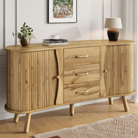 Buffet bois foncé cannelé, 2 portes coulissantes + 3 tiroirs + pieds bois massif, style scandinave moderne