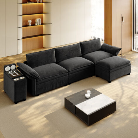 Canapé d'angle L modulable 315x70x85 cm, noir chenille, rangement, ottoman, charge induction, enceintes, LED, 2 porte-gobelets, pour salon bureau (1/5)