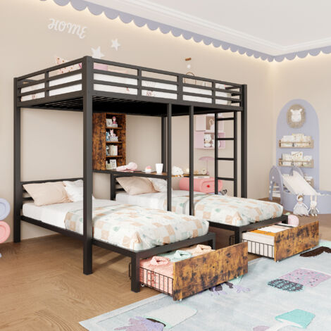 Lit Superposé 140x200 cm + 90x200 cm avec Cadre en Métal, 3 Lits, Grilles de Sécurité, 2 Tiroirs, Espaces de Rangement - Noir (1/5)