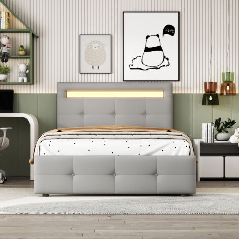 Lit rembourré LED 90 x 200 cm avec 2 tiroirs, sommier à lattes et tête de lit réglable, structure en bois et tissu- gris (1/5)