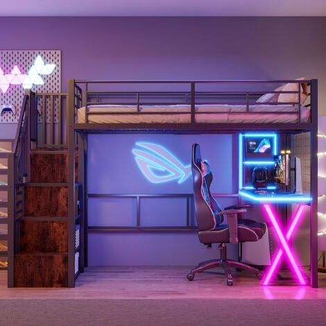 Lit mezzanine 90 x 200 cm avec bureau, escalier de rangement, penderie, étagères modulables, éclairage LED, structure en métal et MDF - noir (1/5)