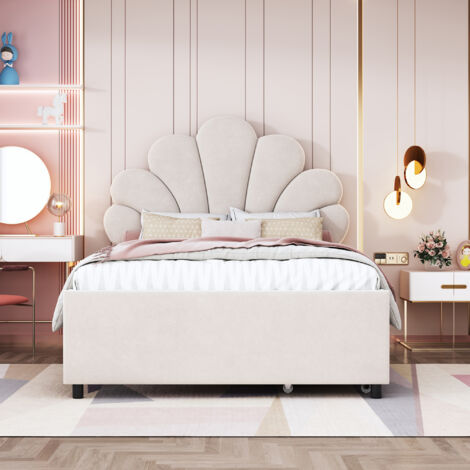 Lit enfant rembourré 90 x 200 cm avec tête de lit pétale, 2 tiroirs, sommier à lattes, structure en velours, métal, contreplaqué et MDF - beige (1/5)