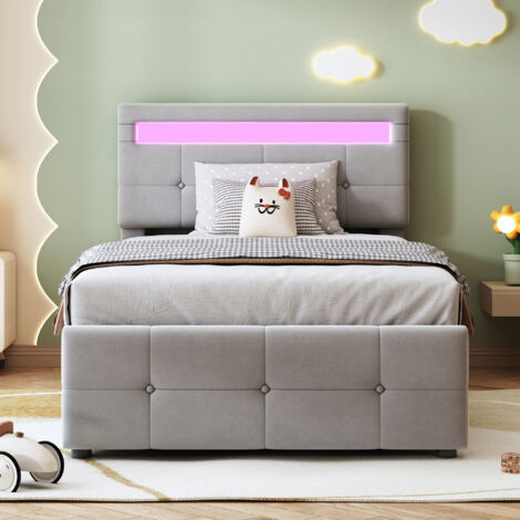 Lit enfant coffre 90 x 200 cm avec LED, rangement hydraulique, tête de lit réglable, sommier à lattes, structure en MDF, métal et velours - gris (1/5)