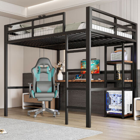 Lit mezzanine 140 x 200 cm avec bureau, étagères, prise, USB, Type-C et garde-corps, structure en métal et MDF - noir