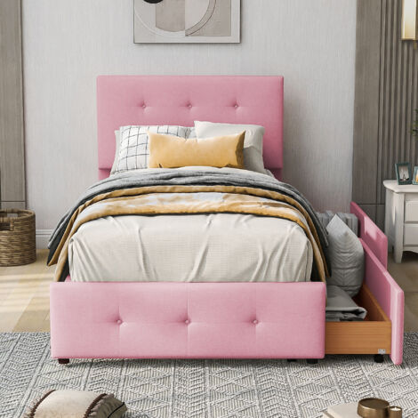 Lit simple rembourré 90 x 200 cm avec sommier à lattes, dossier et 2 tiroirs de rangement, tissu velours, lit enfant lit ado lit d’appoint-rose (1/5)