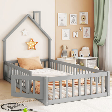 Lit enfant 90 x 200 cm avec forme cheminée, barrières de sécurité, sommier à lattes, structure en pin et MDF - gris (1/5)