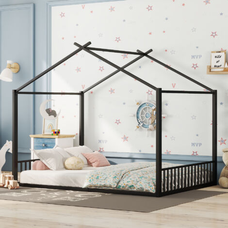Lit enfant 140 x 200 cm forme maison avec sommier à lattes, structure en métal - noir