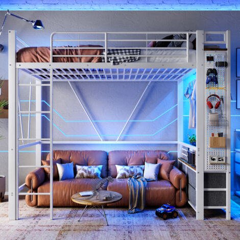 Lit mezzanine 90 x 200 cm avec 4 tiroirs, étagères, barre de suspension, panneau perforé, prise + USB Type-C, éclairage LED, structure en métal et MDF - blanc (1/5)