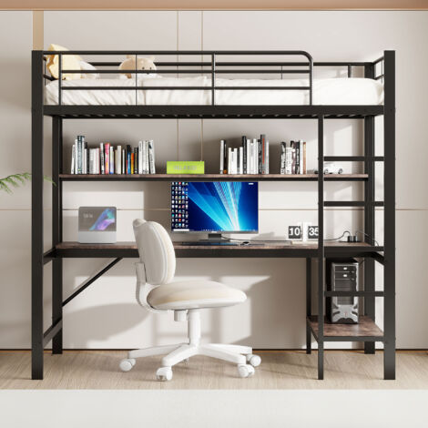 Lit Mezzanine 90x200 cm avec Gelander, Échelle, Prises USB et Adaptateur, Lumière Ambiante Télécommandée, Structure en Métal et MDF - Noir (1/5)