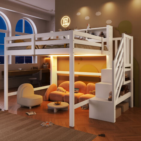 Lit mezzanine enfant 140 x 200 cm avec LED, escalier de rangement, grands espaces sous lit, garde-corps, structure en pin, MDF et contreplaqué - blanc