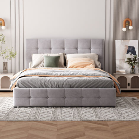 Lit double coffre 140 x 200 cm avec rangement hydraulique, sommier à lattes métalliques, cadre en velours, structure MDF et métal - beige (1/5)