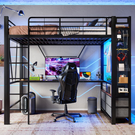 Lit Mezzanine 90x200 cm avec Bureau, Étagères, 4 Tiroirs, Structure en Métal avec Barres de Séchage, Éclairage LED Multicolore -  Noir (1/5)