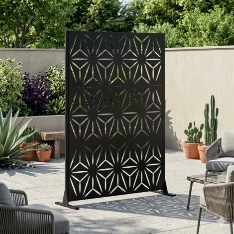 Pare-vue extérieur métal autoportant 183x116 cm, panneau décoratif, base stable, séparateur portable pour patio balcon jardin, métal, noir