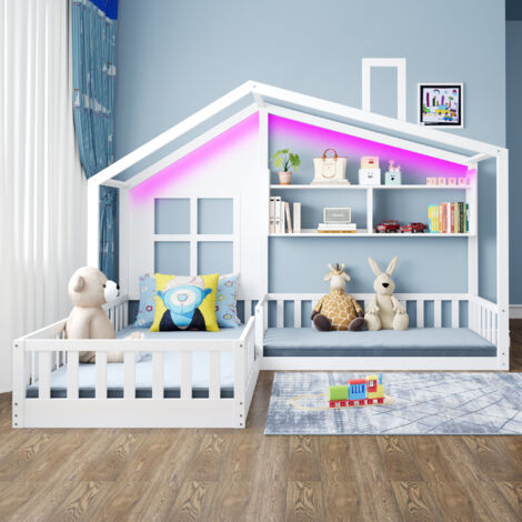 Lit enfant 90x200 cm - 140x70cm Lit en bois massif cm avec fenêtre, étagères, bande lumineuse LED,blanc (1/5)