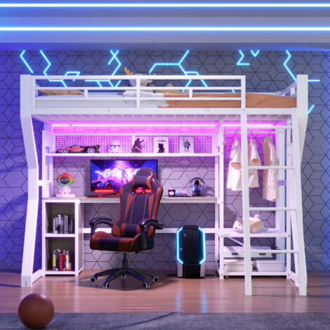 Lit mezzanine 90 x 200 cm avec éclairage LED, prise électrique, penderie, bureau, rangements, étagères, espace ouvert sous le lit, MDF + Métal,blanc (1/5)