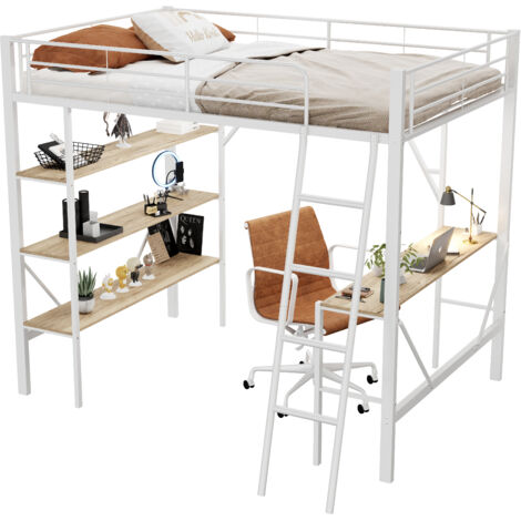 Lit Élevé 90x200cm - Métal avec Bureau & Étagères - Pour Enfant, Étudiant - Blanc (1/5)