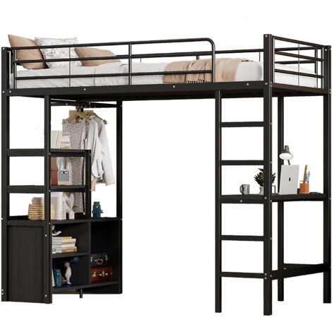 Lit Élevé 90x200cm - Métal avec Bureau, USB & Étagères - Pour Enfant, Chambre - Noir (1/5)