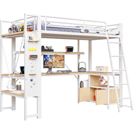 Lit Élevé 90x200cm - Métal avec LED, Bureau & Rangements - Pour Enfant, Chambre - Blanc (1/5)