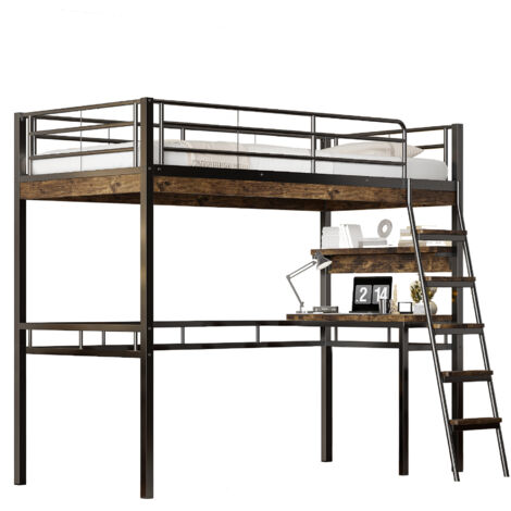 Lit Élevé 90x200cm - Métal avec Bureau & Étagères - Pour Enfant, Chambre - Noir (1/4)