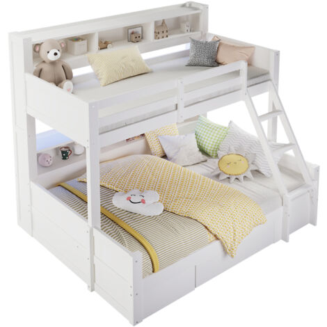 Lit Superposé 140x200cm - En Bois avec LED & Rangements - Pour Enfant, Chambre - Blanc (1/5)