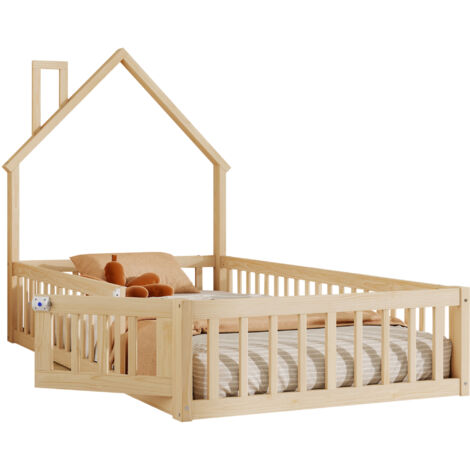Lit Maison 90x200cm - En Bois avec Cheminée & Barrière - Pour Enfant, Chambre - Naturel (1/5)