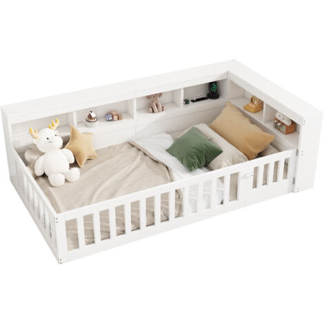 Lit de Jour 90x200cm - En Bois avec USB, Rangements & Barrière - Pour Enfant, Chambre - Blanc (1/5)