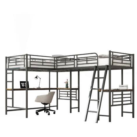 Lit Élevé 90x200cm - Métal avec Bureau & Barrière - Pour Enfant, Chambre - Noir (1/5)