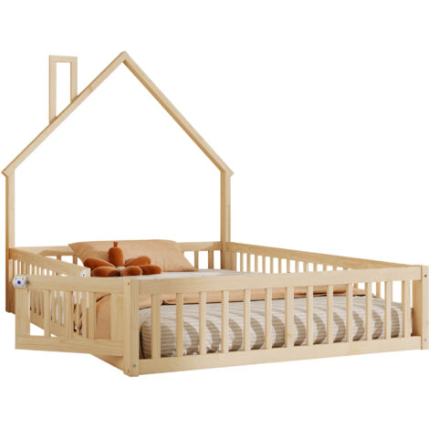 Lit Maison 140x190cm - En Bois avec Cheminée & Barrière - Pour Enfant, Chambre - Bois Naturel (1/5)