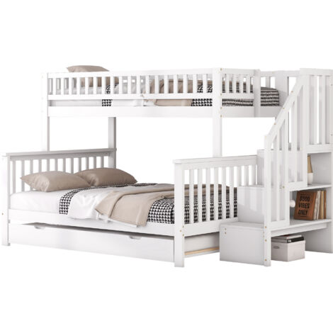 Lit Superposé 90/140x200cm - En Bois avec Lit Gigogne & Étagères - Pour Enfant, Chambre - Blanc (1/5)