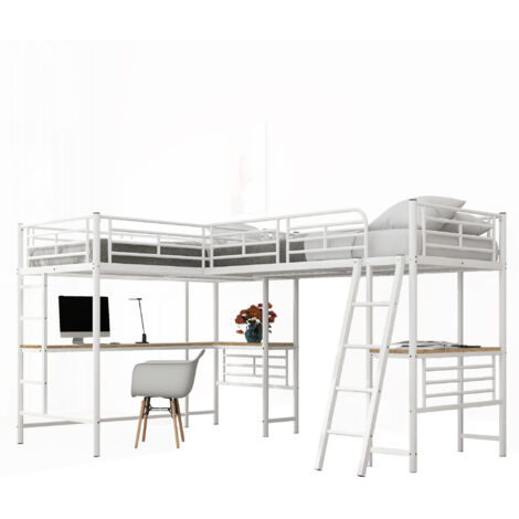 Lit Élevé 90x200cm - Métal avec Bureau & Barrière - Pour Enfant, Chambre - Blanc (1/5)