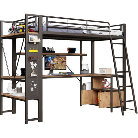 Lit Élevé 90x200cm - Métal avec Bureau, LED & USB - Pour Enfant, Ado, Chambre - Noir (1/5)