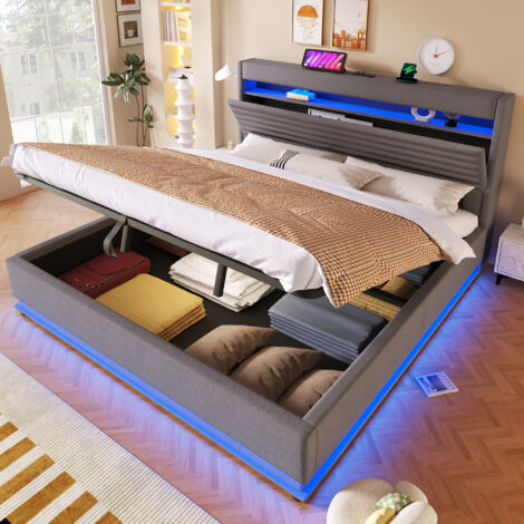 Lit double capitonné avec LED 180 x 200 cm Lit Coffre hydraulique tête de lit avec rangement et port USB et Type-C Lin Gris (1/5)