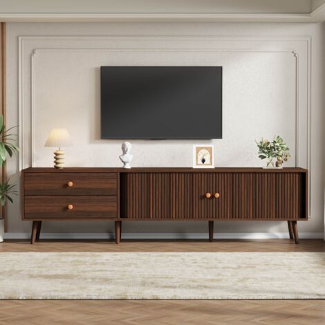 Meuble TV en bois avec deux tiroirs et deux portes coulissantes 180 x 40 x 46,5 cm meuble de salon Pour tv jusqu'à 80 pouces Noyer (1/5)