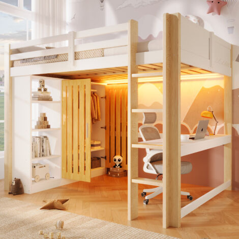 Lit mezzanine en bois 140x200cm avec LED bureau armoire de rangement et étagère structure en bois de pin blanc et naturel