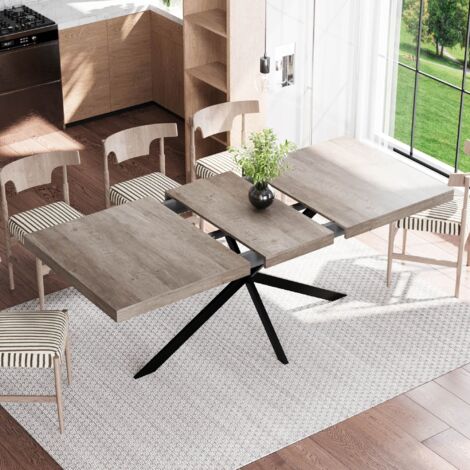 Table à manger extensible 140-180 cm avec rangement caché Table rectangulaire Pieds croisés en métal pour 4 à 6 personnes Gris