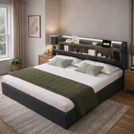 Lit double capitonné 160x200 cm ave éclairage LED Lit Coffre Tête de lit avec rangement et port USB Sommier à lattes en bois Gris (1/4)