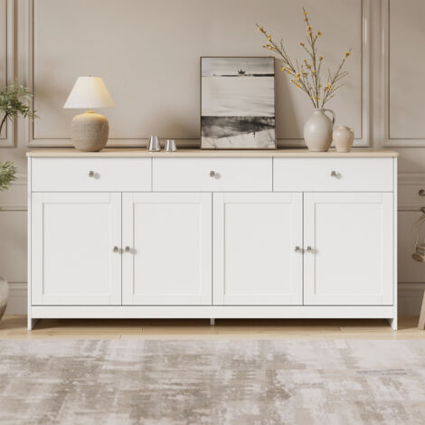 Buffet en bois blanc avec trois tiroirs et quatre portes 160 x 37 x 75 cm Meubles de rangement pour salon salle Ă manger et cuisine (1/5)