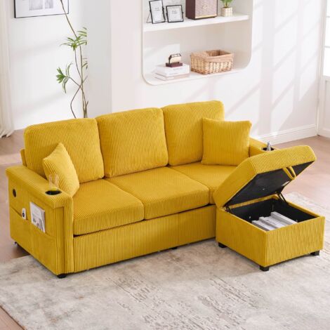Canapé 3 places en velours avec LED et port USB-C 194 x 73 x 81 cm Canapé convertible avec rangement et porte-gobelets jaune (1/5)