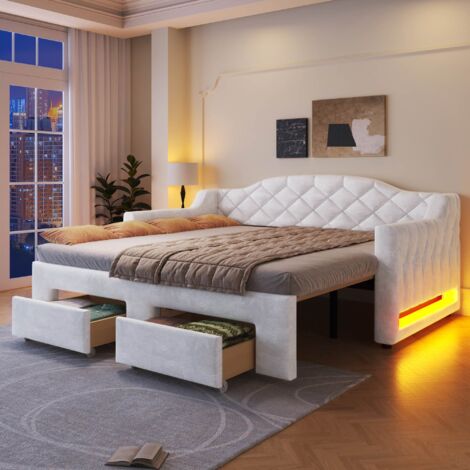 Canapé-lit extensible 90x200 à 180x200 cm Lit capitonné avec éclairage LED et deux tiroirs de rangement Velours Blanc