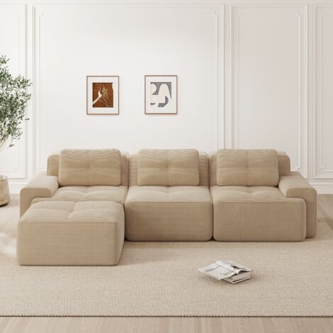 Canapé d'angle modulable Cloud avec pouf 293 x 177 x 69 cm canapé rembourré 3 places en L pour salon velours côtelé Beige (1/4)