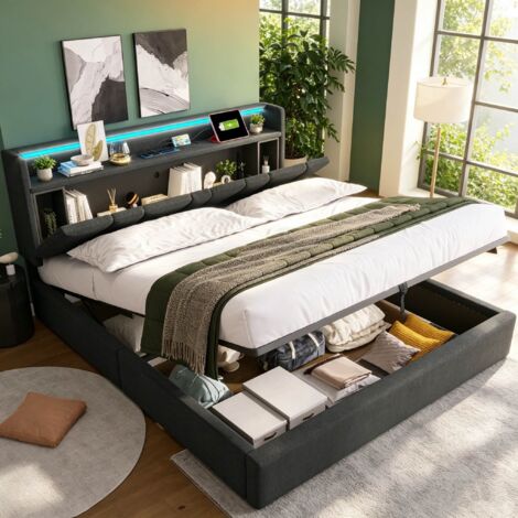 Lit double capitonné 140x200 cm ave éclairage LED Lit Coffre Tête de lit avec rangement et port USB Sommier à lattes en bois Gris (1/5)