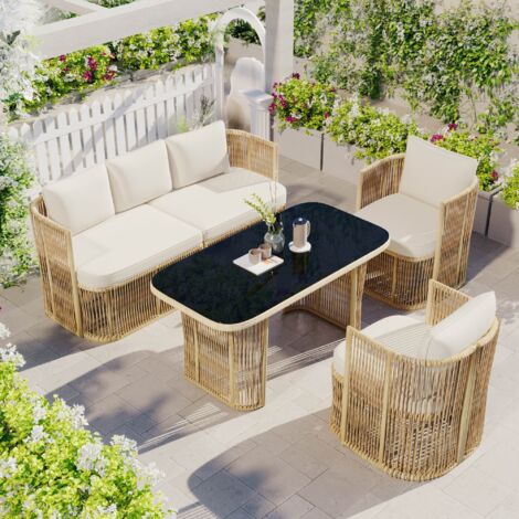 Ensemble de mobilier de jardin 4 pièces en rotin canapé 3 places 2 fauteuils et une table en verre coussin de siège moelleux Beige (1/5)