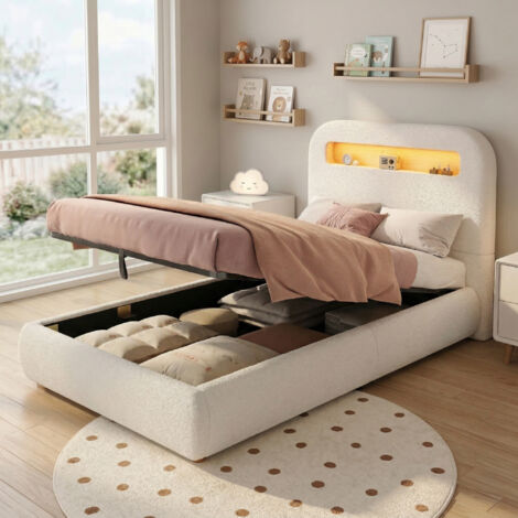 Lit rembourré enfant 90 x 200 cm Lit Coffre hydraulique avec LED et rangement pieds en bois massif bouclé Blanc (1/5)