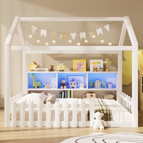Lit enfant en maison 90 x 190 cm avec éclairage LED Lit Cabane avec barrière de sécurité et compartiments de rangement ouverts Blanc