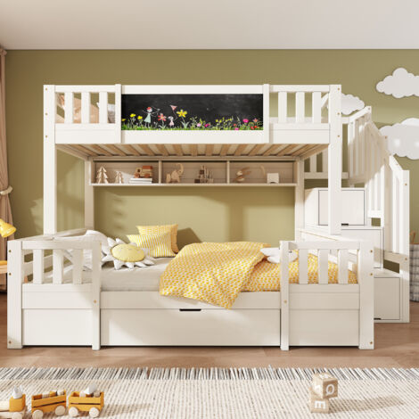 Lit superposé enfants 90x200 et 140x200 cm Lit enfant 3 places en bois massif avec tableau noir escalier de rangement, tiroirs Blanc (1/5)