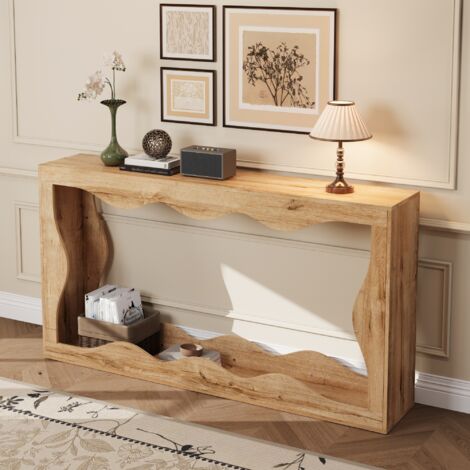 Table console à bord ondulé 160x30x86.5 cm avec étagère à 2 niveaux, table longue aspect bois pour salon ou entrée