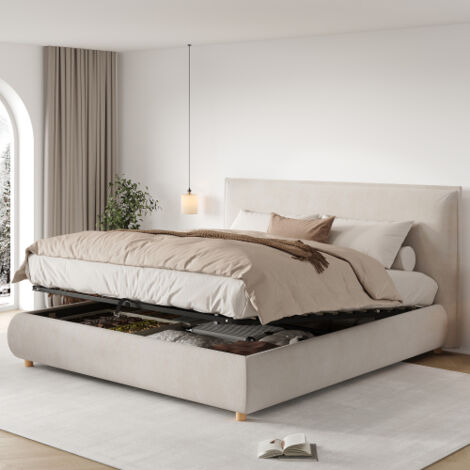 Lit coffre 180x200 cm avec sommier hydraulique, tête de lit rembourrée et pieds bois massif, velours crème